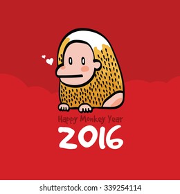 Vector Illustration of Happy Monkey Year 2016 Card Hand Draw Red Background
