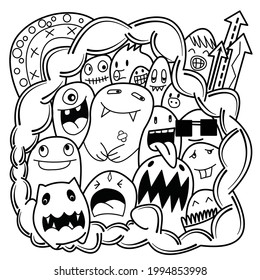 Vector illustration of happy monster, doodle coloring style