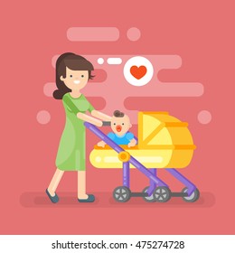 Vector illustration of happy mother caring her kid in baby stroller.