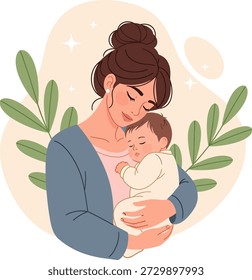 Vector illustration of a happy mother gently holding her sleeping newborn baby surrounded by green leaves. Represents maternity, care, and family bond