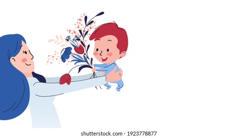 Vector Illustration Of Happy Mother Holding Baby Son In Her Arms and Receiving Flowers from him.  Happy Mother`s Day Greeting Card.