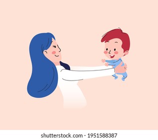 Vector Illustration Of Happy Mother Holding Baby Son In Her Arms. Happy Mother`s Day Greeting Card.