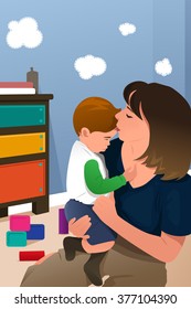 A vector illustration of happy mother holding her