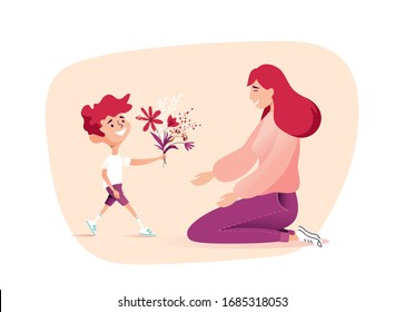 Vector Illustration Of Happy Mother  Receiving Flowers from Her Son.  Happy Mother`s Day Greeting Card.