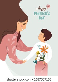 Vector Illustration Of Happy Mother  Receiving Flowers from Her Son.  Happy Mother`s Day Greeting Card.