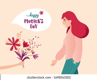 Vector Illustration Of Happy Mother  Receiving Flowers from Her Child.  Happy Mother`s Day Greeting Card.