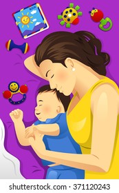 A vector illustration of happy mother sleeping together with her baby