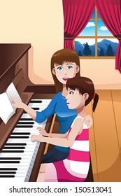 Eine Vektorgrafik einer glücklichen Mutter, die ihrer Tochter Klavier beibringt