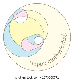 Vector illustration with "Happy mother's day!" title. Round image in soft pastel colours. Woman in blue and pink clothes holding a newborn baby on her lap with yellow sun behind them. Lovely card.