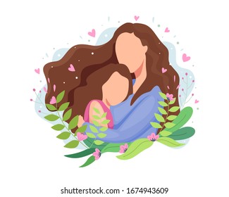 Vector illustration Happy mothers day. Beautiful mother with her cute child, Mom hugging her daughter with a lot of love. Cute little girl hugging her mother. Vector illustration in a flat style