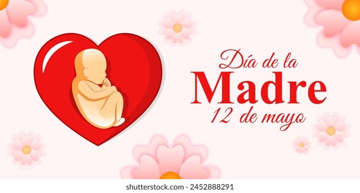 Vector illustration of Happy Mothers Day social media feed template with written Spanish text meaning Happy Mothers Day 12 May