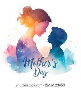  Vector illustration. Happy mother's day. Side view of Happy mom with daughter  silhouette plus abstract watercolor painted.Happy  mother's day. Double exposure illustration. Digital art painting. on 