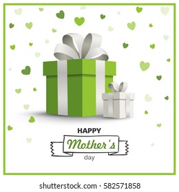 Vector Illustration of a Happy Mothers Day Greeting Card Design with a Green Gift Box and Heart Confetti