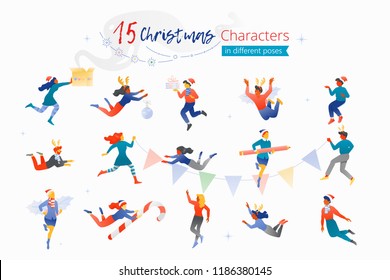 Vector illustration of happy multi-colored people characters in Christmas headwears isolated on white backgrounds. 