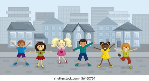 Vector illustration of happy multi-ethnic kids with urban background.