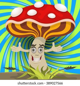 Vector illustration of a happy mushroom with open hands.