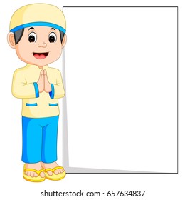 vector illustration of Happy muslim boy cartoon holding blank sign