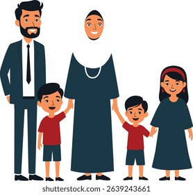 Vector illustration of a happy Muslim family with parents and children wearing traditional clothes, suitable for Islamic themes, education, or cultural projects.

