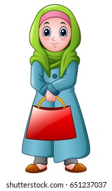 Vector illustration of Happy muslim girl holding red bag