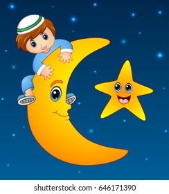 Vector illustration of Happy muslim kid climbing on the moon