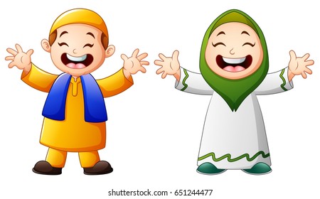 Vector illustration of Happy muslim kid cartoon isolated on white background