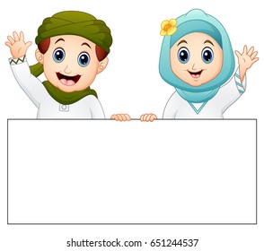 Vector illustration of Happy muslim kid holding blank sign and waving hand