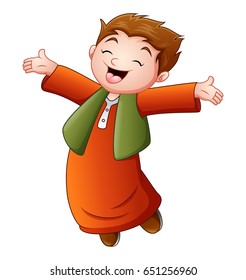 Vector illustration of Happy muslim kid celebrate month of ramadan