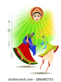 Vector illustration of Happy Navratri concept banner with goddess Durga face and couple playing garba in background. Indian hindu festival. 