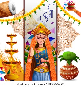 vector illustration of Happy Navratri festival background for India holiday Dussehra with Hindi text meaning Durga