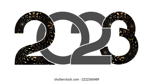 Vektorgrafik. Alles Gute zum neuen Logo-Design 2023. Muster goldener Schneeflocken. Designvorlagen mit typografischem Logo 2023. Alles Gute zum neuen Jahr 2023! Horizontaler Hintergrund. Kreise.