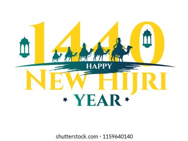 vector illustration happy new Hijri year 1440. Happy Islamic New Year. Graphic design for the decoration of gift certificates, banners and flyer. Translation from Arabic : happy new Hijri year 1440
