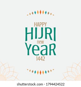 vector illustration happy new Hijri year 1442 . Happy Islamic New Year. Graphic design for the decoration of gift certificates, logo, poster, banners and flyer. Translation from Arabic text : 1442.