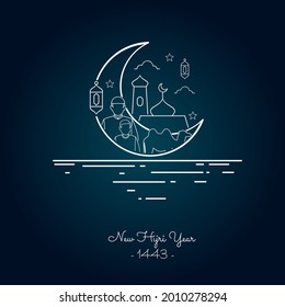 Vector illustration of happy new Hijri year 1443 with single line style. Happy Islamic New Year. Graphic design for the decoration of gift certificates, banners and flyer.
