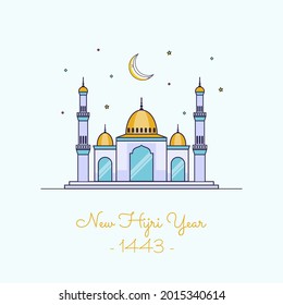 Vector illustration of happy new Hijri year 1443 with single line style. Happy Islamic New Year. Graphic design for the decoration of gift certificates, banners and flyer.