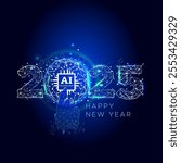 Vector illustration of Happy new year 2025 with futuristic digital world - Ai brain, artificial intelligence technology. 2025-Start, enable and connect to ai technology concept.