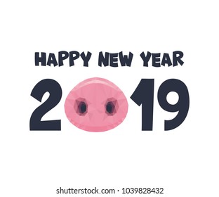 Vector illustration, Happy New Year 2019 funny card design with polygonal pigs nose