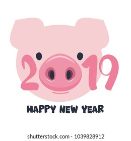 Vector illustration, Happy New Year 2019 funny card design with cartoon pigs face