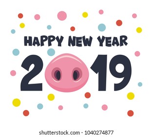 Vector illustration, Happy New Year 2019 funny card design with cartoon pigs nose and confetti