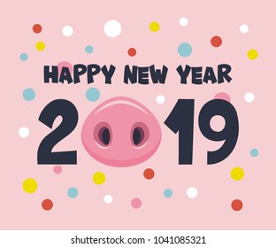 Vector illustration, Happy New Year 2019 funny card design with cartoon pigs nose and confetti