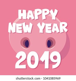 Vector illustration, Happy New Year 2019 funny card design with cartoon pigs nose and text
