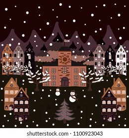 Vector illustration. Happy new year. Cute buildings on black, gray and brown colors. Merry christmas card with house.