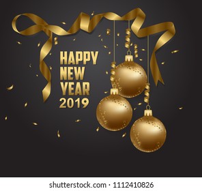 Vektorgrafik des glücklichen neuen Jahres 2019 gold und schwarz Farben Ort für Text Weihnachtsbälle