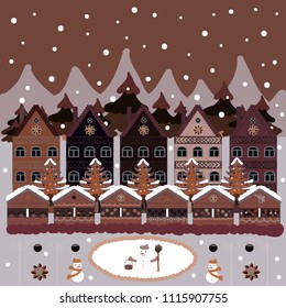 Vector illustration. Happy new year. Merry christmas card with house. Cute buildings on brown, neutral and beige colors.