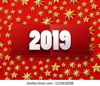 Vector illustration of Happy New year 2019 background with golden stars confetti. Gold and red colors. Banner, poster, invitation, etc.