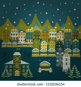 Vector illustration. Happy new year. Cute buildings on blue, green and yellow colors. Merry christmas card with house.