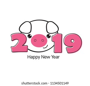 Vector illustration, Happy New Year 2019 funny card design with cartoon pigs face