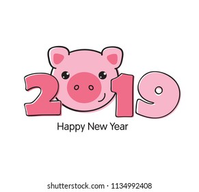 Vector illustration, Happy New Year 2019 funny card design with cartoon pigs face