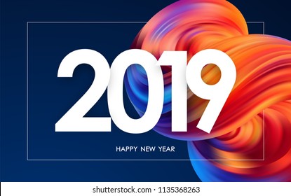 Ilustración del vector: Feliz Año Nuevo 2019. Tarjeta de felicitación con forma colorida de fluido abstracto. Diseño de moda