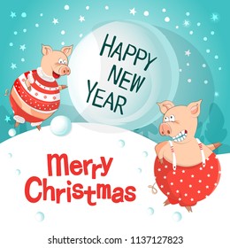 
Vector illustration of happy new year! Pigs-a symbol of the Chinese new 2019. For posters, banners, postcards, sales and other winter events. Style of comics, cartoons. Christmas card

