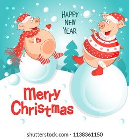 Vector illustration of happy new year! Pigs-a symbol of the Chinese new 2019. For posters, banners, postcards, sales and other winter events. Style of comics, cartoons. Christmas card